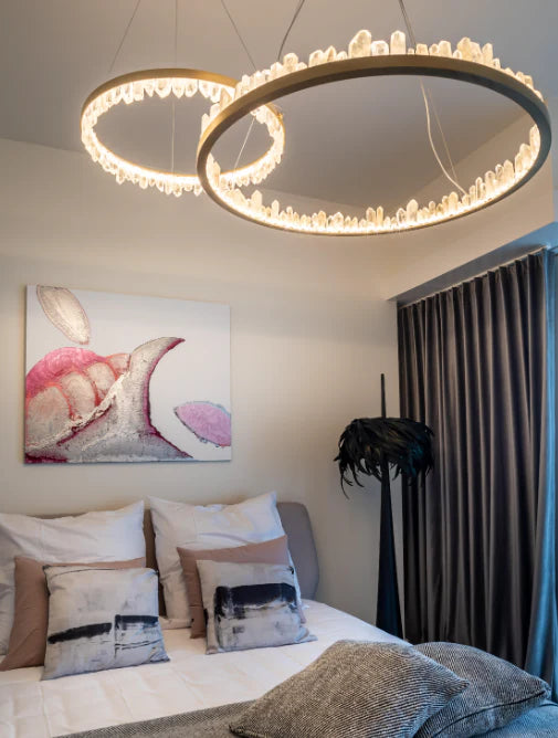 Brass & Black Modern Chandelier Featuring Natural Quartz Rings