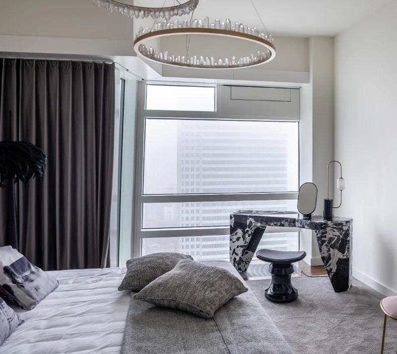 Brass & Black Modern Chandelier Featuring Natural Quartz Rings