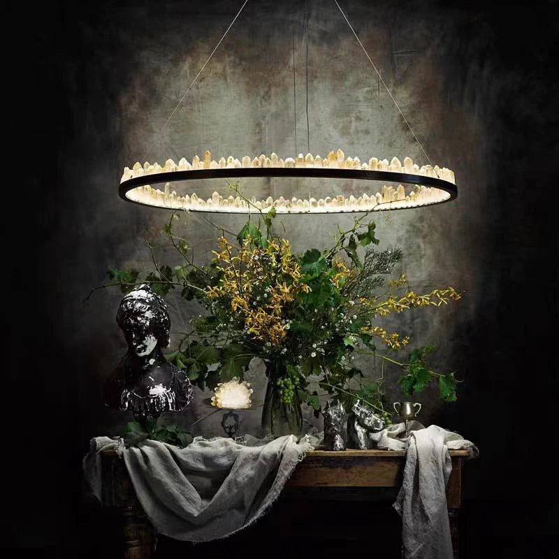 Brass & Black Modern Chandelier Featuring Natural Quartz Rings