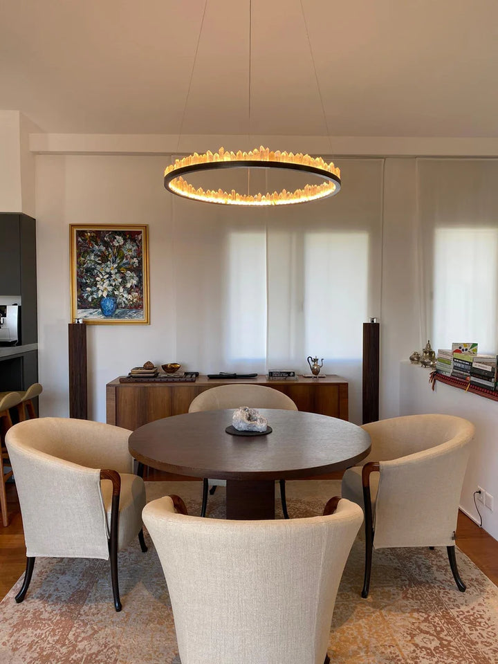 Brass & Black Modern Chandelier Featuring Natural Quartz Rings