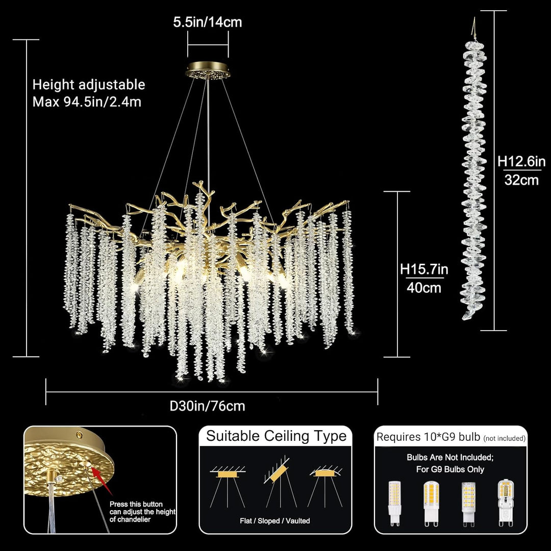 Branch Snow Tree Crystal Gold Chandelier 30"D