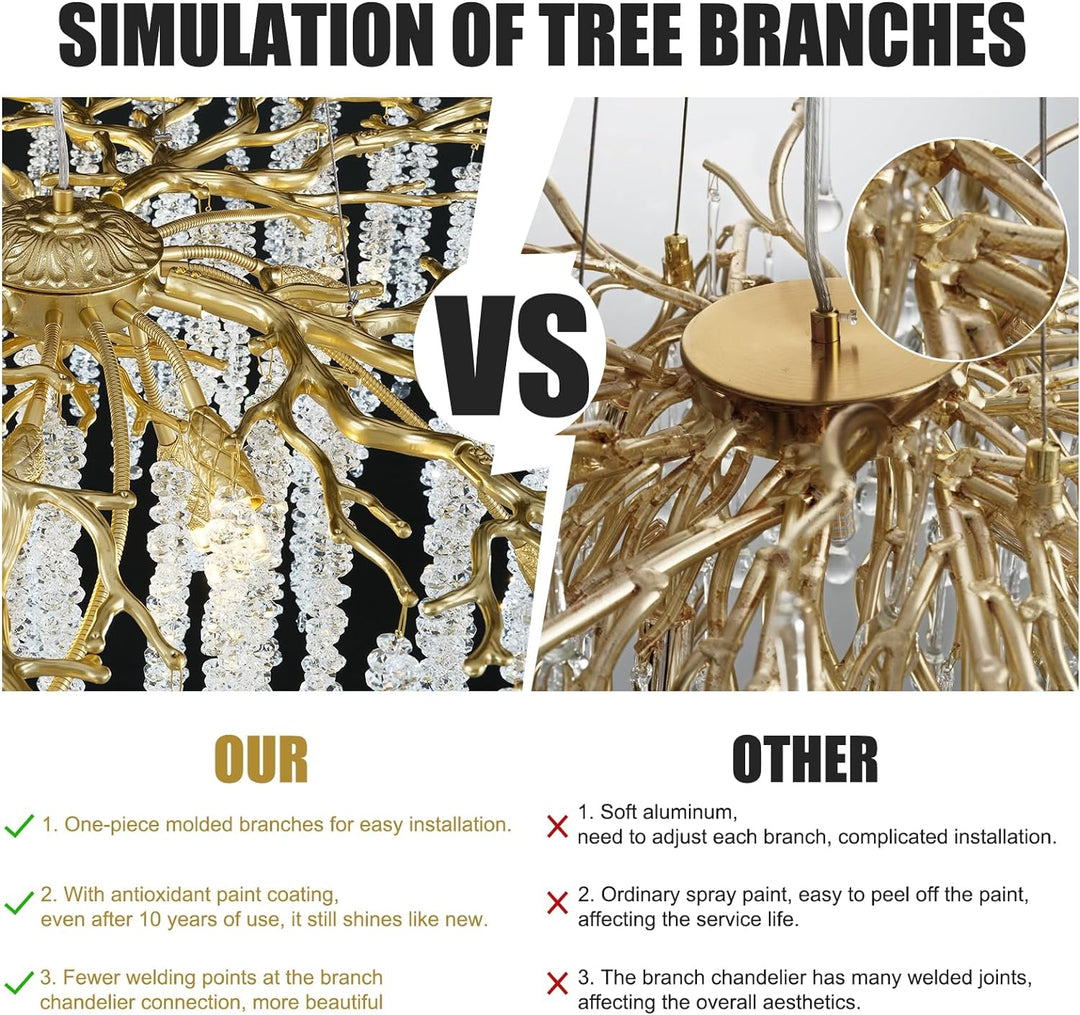 Branch Snow Tree Crystal Gold Chandelier 30"D