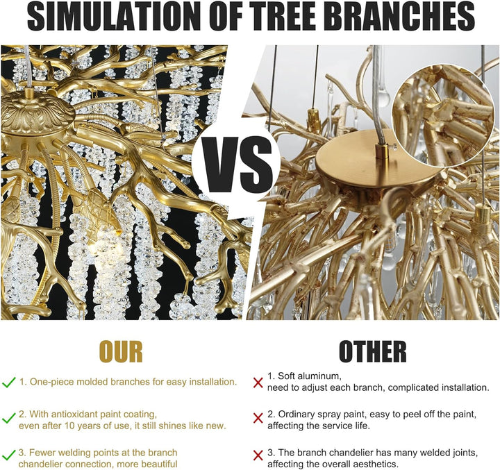 Branch Snow Tree Crystal Gold Chandelier 30"D