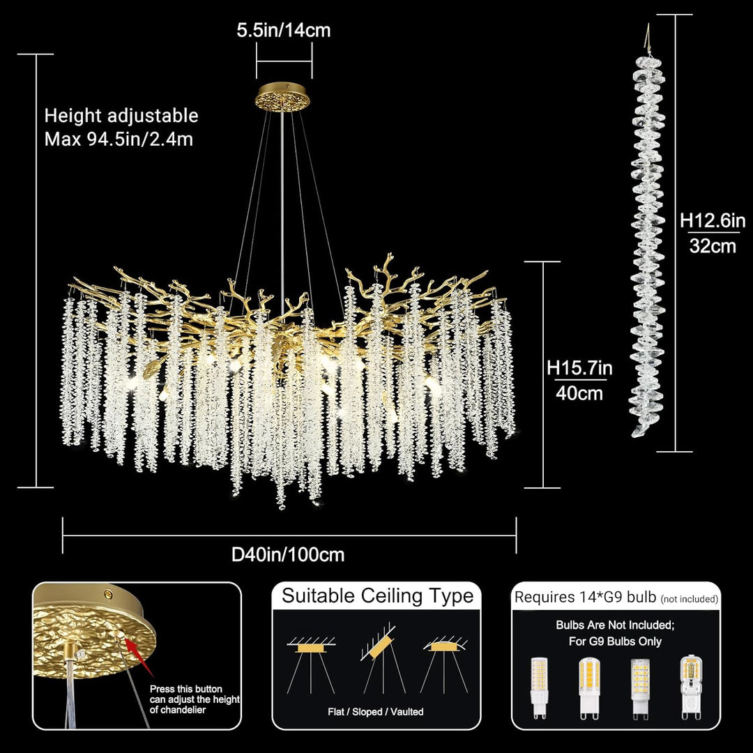 Branch Snow Tree Crystal Gold/Silver Chandelier 40"D