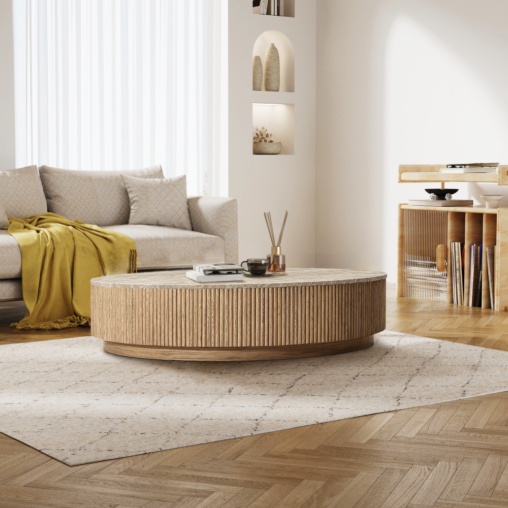 Holland Oak Wood & Stone Round Coffee Table