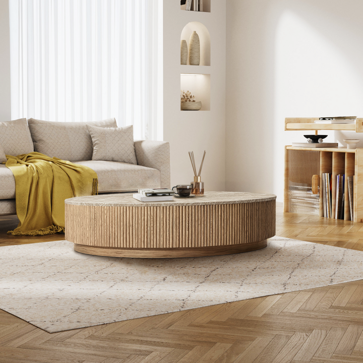 Holland Oak Wood & Stone Round Coffee Table