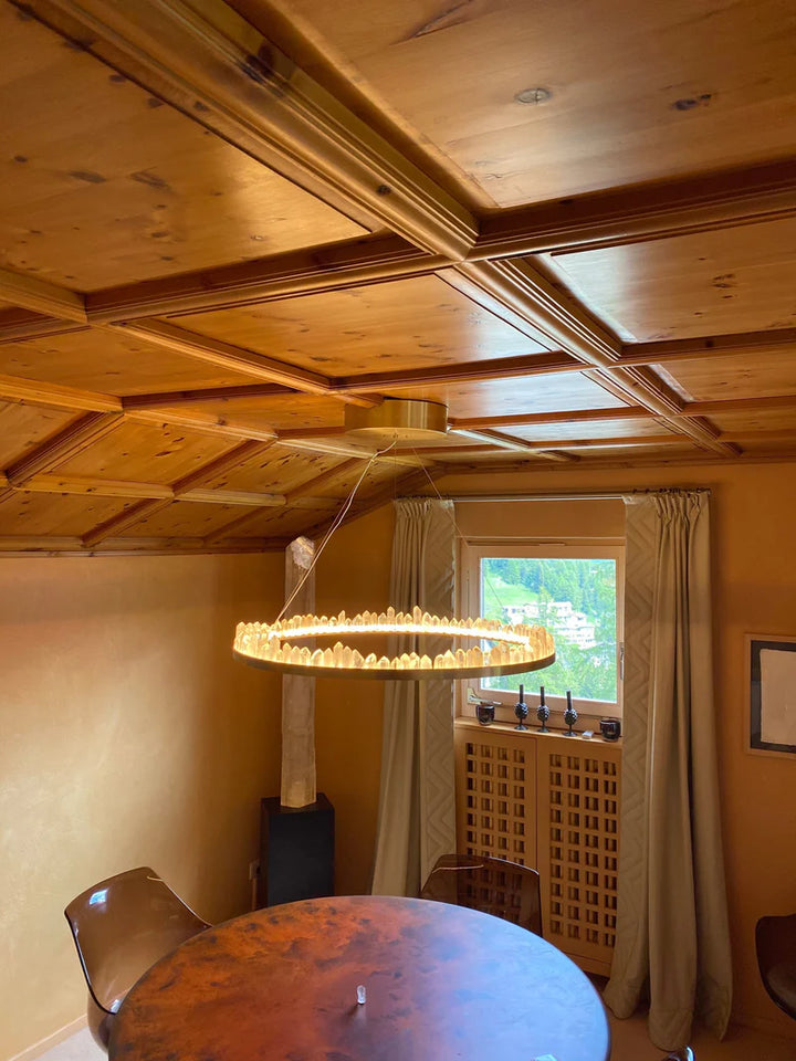 Brass & Black Modern Chandelier Featuring Natural Quartz Rings