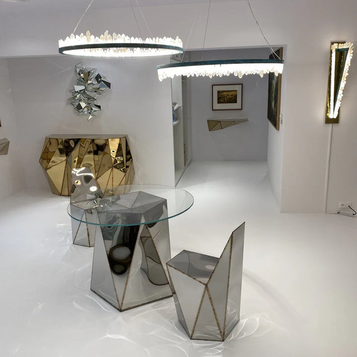 Brass & Black Modern Chandelier Featuring Natural Quartz Rings