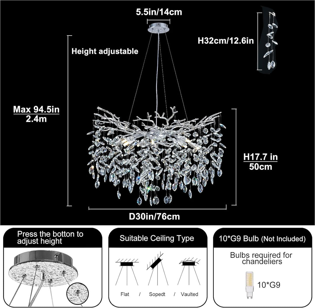 Modern Crystal Tree Branch Round Chandelier for All Rooms 30" 40" 48"