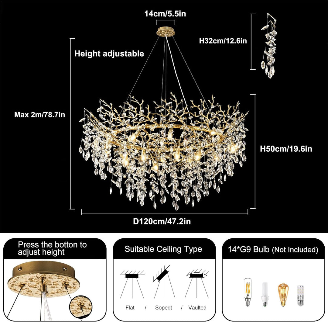 Modern Crystal Tree Branch Round Chandelier for All Rooms 30" 40" 48"