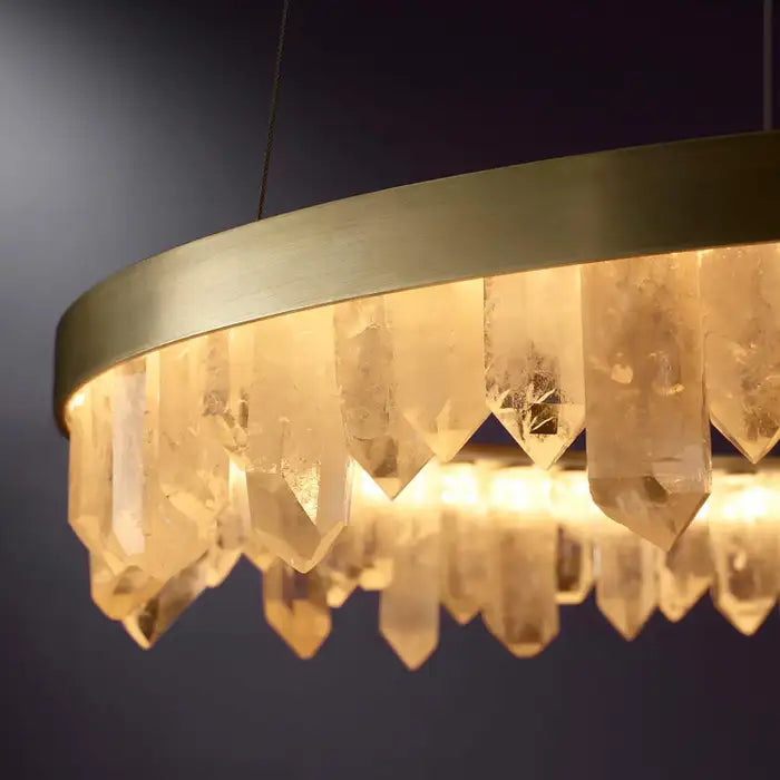 Brass & Black Modern Chandelier Featuring Natural Quartz Rings