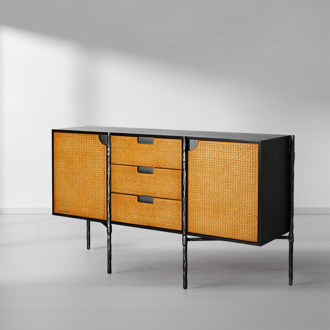 Thaddies Metal Frame Rattan Side Cabinet