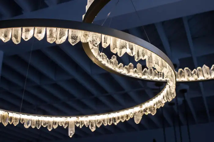 Brass & Black Modern Chandelier Featuring Natural Quartz Rings