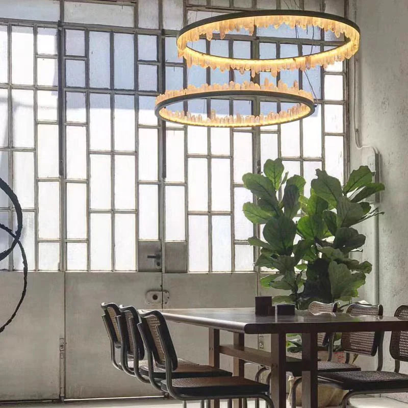 Brass & Black Modern Chandelier Featuring Natural Quartz Rings