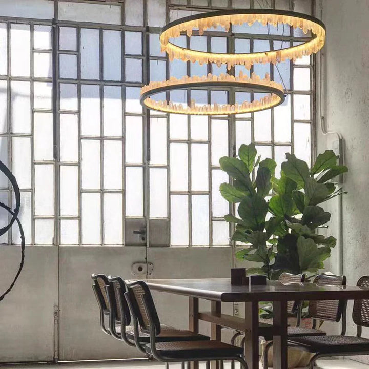 Brass & Black Modern Chandelier Featuring Natural Quartz Rings