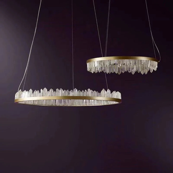 Brass & Black Modern Chandelier Featuring Natural Quartz Rings