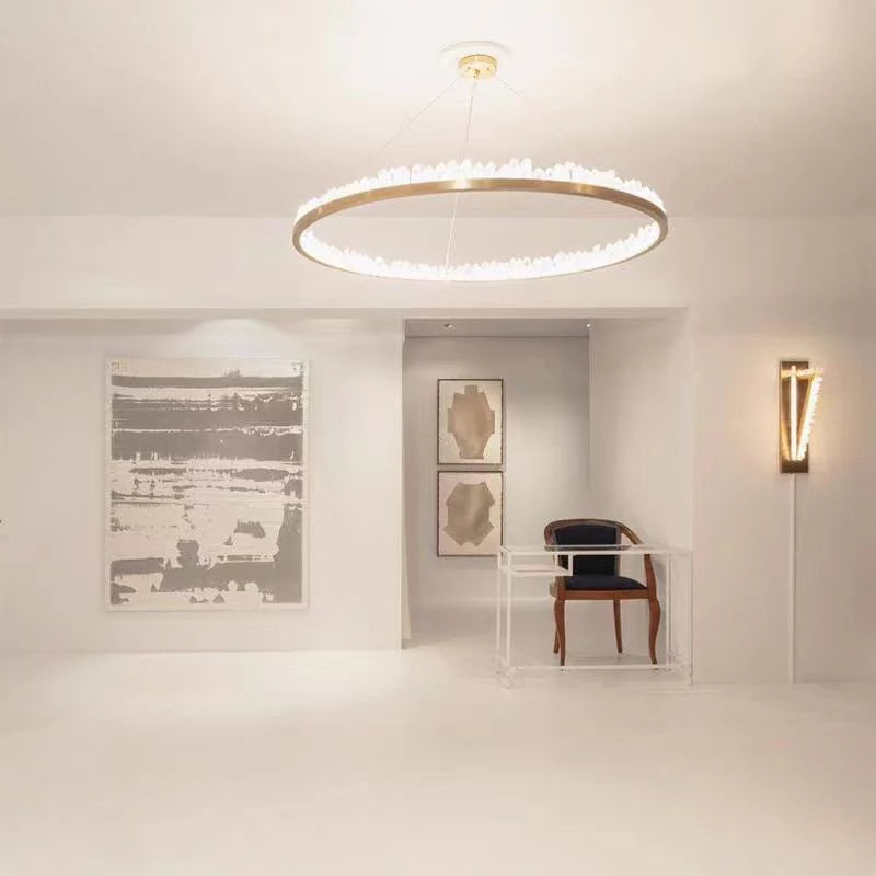 Brass & Black Modern Chandelier Featuring Natural Quartz Rings