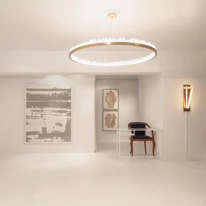 Brass & Black Modern Chandelier Featuring Natural Quartz Rings